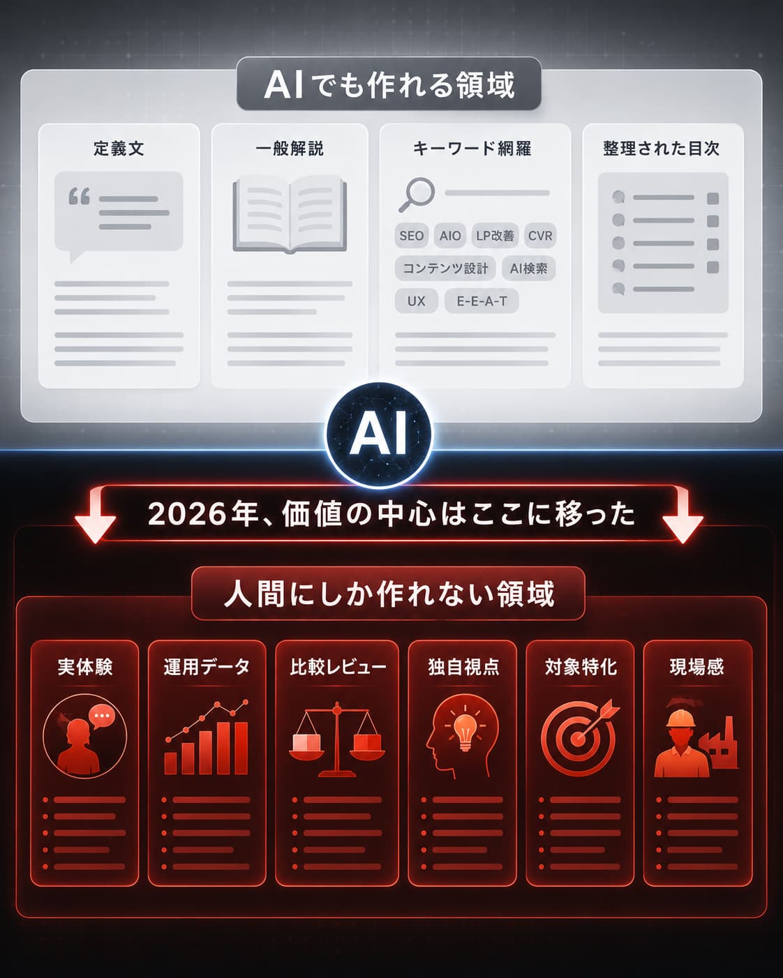 上段は「AIでも作れる領域」（定義文・一般解説・キーワード網羅・整理された目次）、下段は「人間にしか作れない領域」（実体験・運用データ・比較レビュー・独自視点・対象特化・現場感）。「2026年、価値の中心はここに移った」